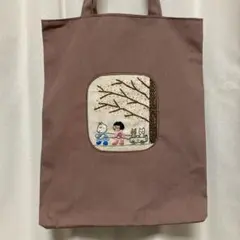 猫刺繍トートバッグ大きめ　白猫と女の子　ハンドメイド