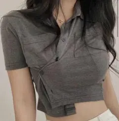 グレー クロップド丈 ポロシャツ グレー ワンサイズ
