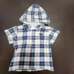 ㉔【80サイズ】【レア】ピングー チェック柄 フード付き 半袖 トップス