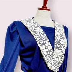 vintageヴィンテージワンピースフラワーレース襟ネイビーレトロUSA海外古着