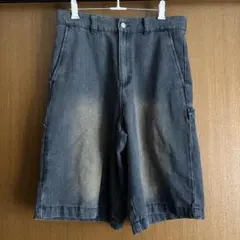 ヴィンテージ加工 デニムペインターハーフパンツ ワイドショーツ ブラック S