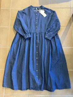 ブリスバンチ ライトオンス綿麻デニム前開き切替ギャザーワンピースM/INDIGO