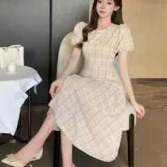 チェック柄 パフスリーブ ワンピース ベージュ系 Mサイズ