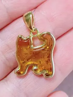 未使用品 猫 天然アンバー 琥珀 シルバー ペンダント
