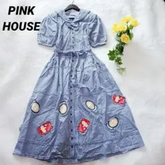 ピンクハウス　ロングワンピース　セーラーカラー　チェック柄　前開き　キューピー