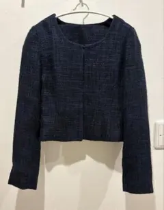 ネイビー ツイード　ノーカラージャケット クロップド丈