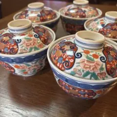 有田焼　美品　どんぶり　金彩　花柄陶器製蓋付き丼5個セット