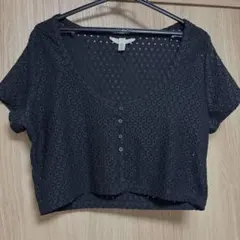 透かし編み 半袖カーディガン ブラック ショート丈 前ボタン　夏トップス　H&M