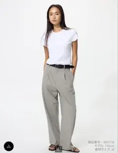 UNIQLO タックワイドパンツ ライトグレー　ストライプ　Lサイズ