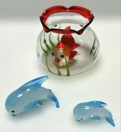 3個セット　夏のガラスオブジェ　金魚鉢　イルカの親子のサムネイル