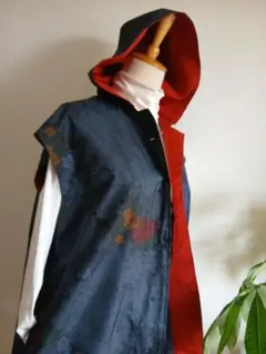着物リメイク☆本場大島紬☆フード付きロングジレ&ワンショルダー