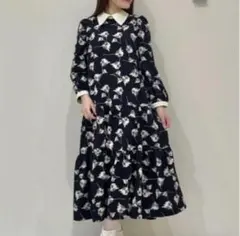 axes femme 襟付花柄ジャカードワンピース