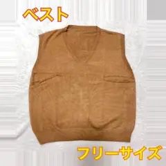 ニット Vネック ベスト フリーサイズ キャメル