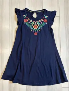 未使用　タグ付き/南国風 お花と鳥の刺繍入りノースリーブワンピース ネイビー