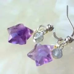天然石フローライト＆ラブラドライトの星ピアス　ステンレスフック