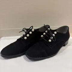 美品✨ブラックスエード パール装飾 レースアップシューズ 23cm