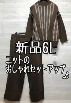 新品☆6L茶系♪デザインニットおしゃれセットアップ♪☆☆p170