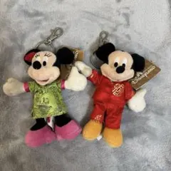 香港ディズニー　チャイナ服ミッキー&ミニー　ぬいぐるみキーホルダー