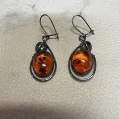 琥珀アンバー　ドロップ型ピアス　シルバー925 ヴィンテージ　天然石