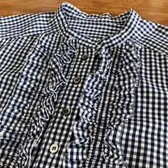 美品☆MACPHEE☆ネイビー　ギンガムチェックフリル5分袖　コットンブラウス