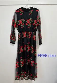 （美品）merlot plus刺繍シースルー袖ワンピース FREEサイズ