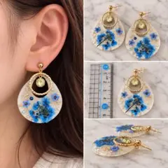 押し花(青)入りしずくレジンピアス＊ドライフラワー ゴールド 大ぶり