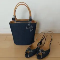 新品未使用！銀座かねまつ デニム生地 かご型ハンドバッグ & サンダル セット