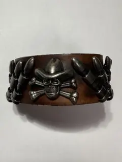 パイレーツ スカル バックル レザー ベルト 海賊 髑髏 真鍮 本革 美品