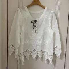 美品　刺繍　レース　ブラウス　シャツ　七部袖　M-L 白