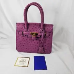 極美品 カラカラ オーストリッチ ハンドバッグ パープル カデナ 鍵付 