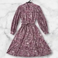 vintage 総柄 ロングワンピース ピンク 昭和レトロ Aライン 古着