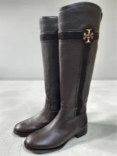 未使用　Tory Burch ロングブーツ ダークブラウン レザー ゴールドロゴのサムネイル
