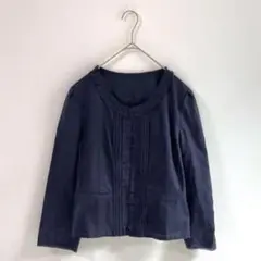 3276【イネド】ノーカラージャケット　薄手　春夏　ネイビー　９　七分袖　フリル