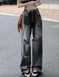 SHEIN ダメージ加工 グレー ワイドレッグ デニムパンツ