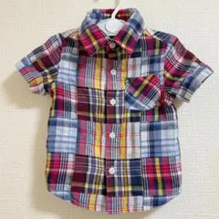 子供服　95　ブルー　チェック　ダブルガーゼ　半袖　コットン　幼児