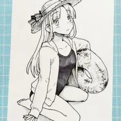 オリジナル手描きイラスト　アナログイラスト　水着　女の子　はがきサイズ