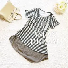 アジアンドリーム✨ラメ混 ボーダー柄 ミニワンピース 裾アシメ ウエストリボン