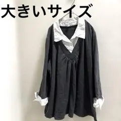 大きいサイズFASHION BUG ブラックホワイト長袖シャツ 22/24W