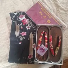 黒地花柄浴衣・下駄・紫帯セット