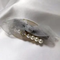 グレーリボンとパールのヘアクリップ★ヘアアクセサリー No.d496