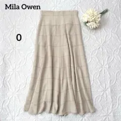 ミラオーウェン　チェック柄　ロングフレアスカート　ベージュ　薄手　後ろゴム