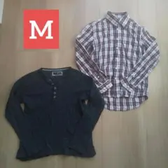 中古美品メンズMサイズ重ね着にオススメセット◎チェック柄シャツ黒色ニットトップス