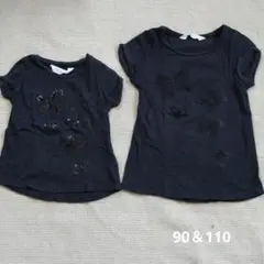 H&M 姉妹お揃いコーデ デザインTシャツバタフライスパンコール 90&110