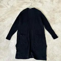 【グラシア】ロングカーディガン　スリット　 リブ編み　前開き　ブラック　L
