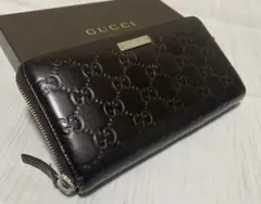 美品　GUCCI グッチ　シマレザー　長財布　ロゴプレート　ダークブラウン