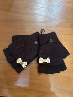 黒のリボン付き ニット指なし手袋