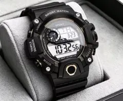 頑丈軽量タフボディ防水多機能スポーツウォッチ（ブラック×ゴールド）