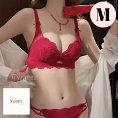 大人気カラー！M【レッド】ノンワイヤー 盛ブラ レース ショーツ付 下着 楽