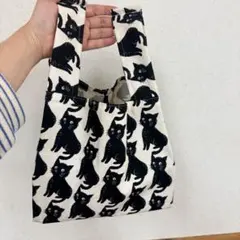ハンドメイドエコバッグ　コンビニサイズ　猫　黒　キナリ