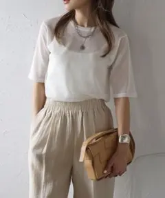 【完売品】Bonjour Sagan 五分袖クルーネックシアーニット 白